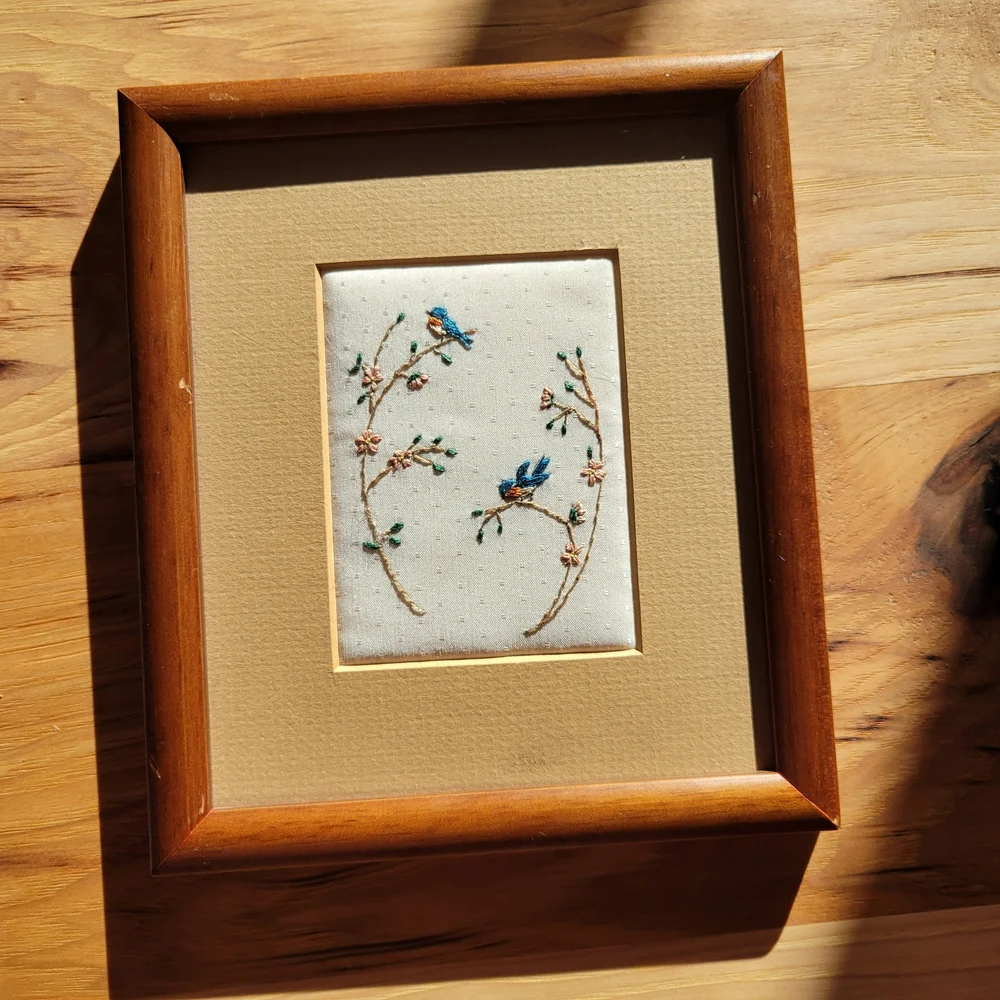 Hand Embroidered Vintage Blue Bird Wall Art - Set of 2 - Picture 5 of 11